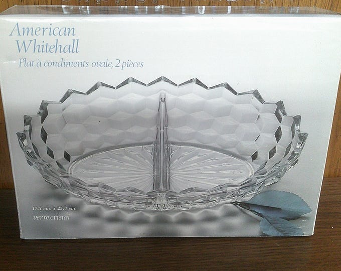 2411 Indiana Glass Vintage American Whitehall Clear Cubist 10.5" x 7" Divided Dish - Like New in Original Box