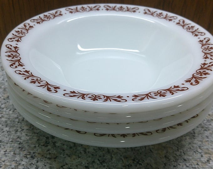 2407 Anchor Hocking Copper Filigree 6.5" White Glass Bowls Set of 4 #928 - Great Condition