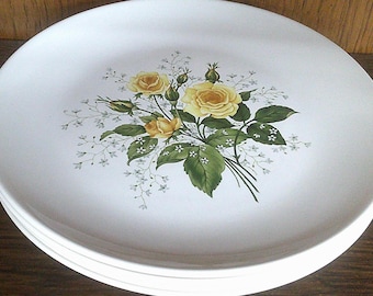 2502 Vintage Cathy Rose Yellow 10.25" Smooth Flat Coupe Plate Set of 4 - Ceramic Pottery - Great Condition