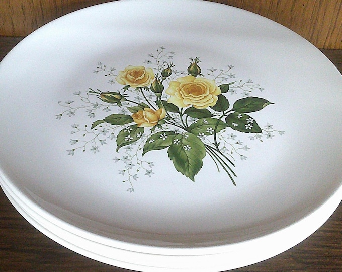 2502 Vintage Cathy Rose Yellow 10.25" Smooth Flat Coupe Plate Set of 4 - Ceramic Pottery - Great Condition