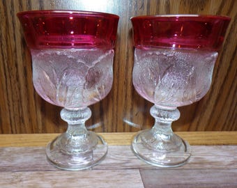 2508 Indiana Glass Pebble Leaf Wine Goblet 5.25" Twiggy 12 oz Stemmed Goblet with Ruby Flash Rim Vintage Set of 2
