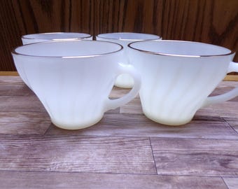 2509 Anchor Fire King Gold Rim Milk Glass Swirl Coffee / Tea Cups Vintage Set of 4 - Great Condition Slight Wear on Gold Rim