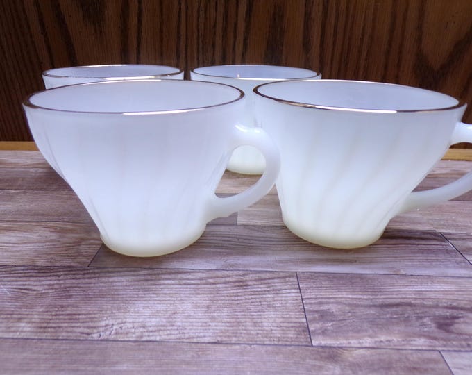 2509 Anchor Fire King Gold Rim Milk Glass Swirl Coffee / Tea Cups Vintage Set of 4 - Great Condition Slight Wear on Gold Rim