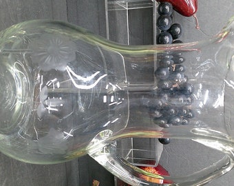 2312 Handblown Clear Glass Pitcher with Etched Frosted Flowers & Ice Catcher Vintage 9.75"