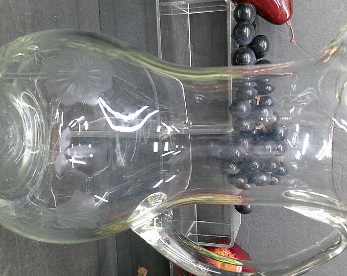 2312 Handblown Clear Glass Pitcher with Etched Frosted Flowers & Ice Catcher Vintage 9.75"- Good Condition Light Scratches No Chips