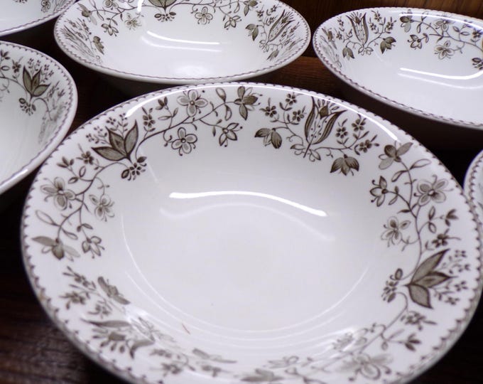 2506 Johnson Bros Windsor Ware Hand-Engraved Vintage 6" Bowls Set of 6 Charcoal Gray Floral Made in England - Great Condition