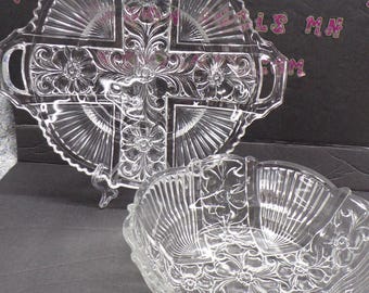 2212 Pair of Indiana Glass Killarny Vintage Embossed Floral Bowls 9" Round Bowl and 12" Oval Bowl