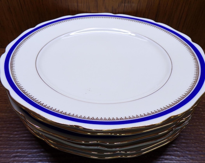 2506 Celebrate Fine Porcelain 8.5" Plates Set of 6 - Gold Rim & Trim w/ Blue Stripe Made in Czechoslovakia - Great Condition