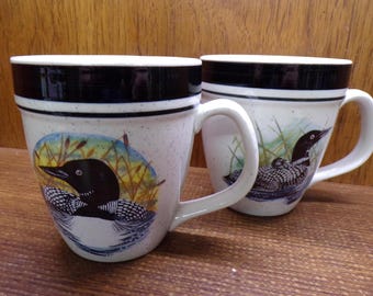 2507 Folkcraft Stoneware Loon Lake by Scotty Z Vintage 4.5" 14 oz Mugs Set of 2 - Pre-owned Great Condition
