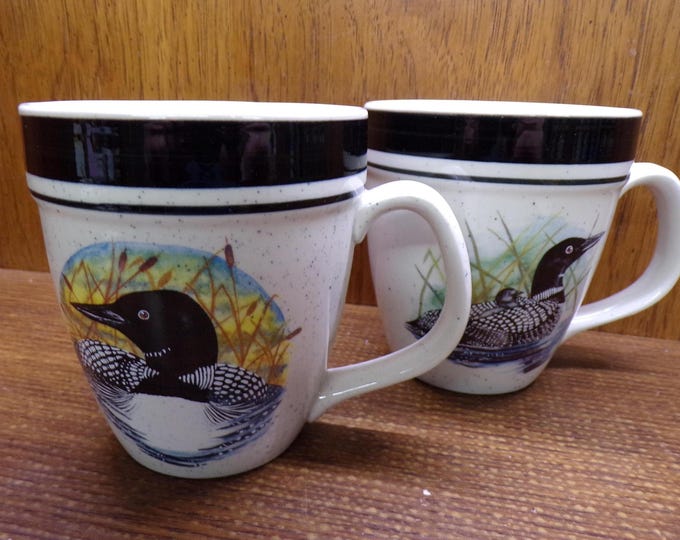 2507 Folkcraft Stoneware Loon Lake by Scotty Z Vintage 4.5" 14 oz Mugs Set of 2 - Pre-owned Great Condition