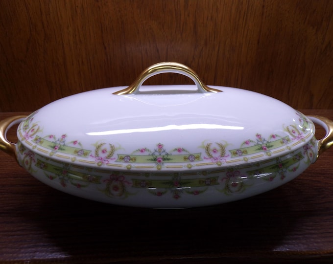 2506 Limoges Fine China 10.5" x 7" Footed Covered Casserole Pink & Green Floral with Gold trim - Great Condition