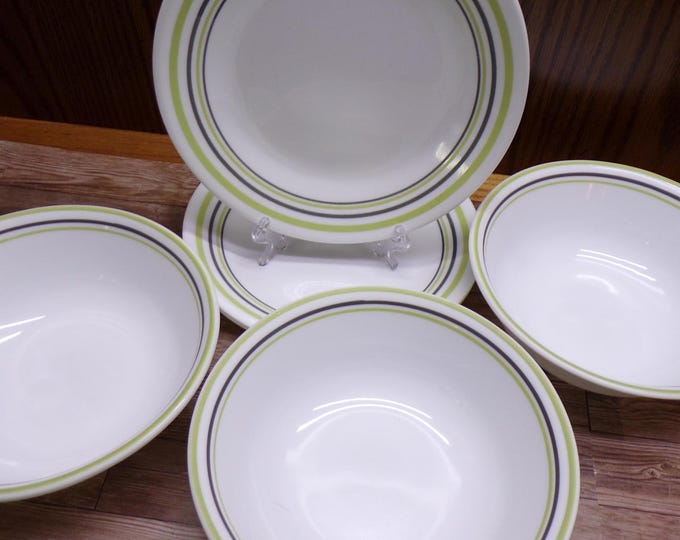 2509 Corelle Garden Sketch 6 pc Set (3) 6.75" Plates & (3) 6.25" Bowls w/ Green and Black Bands - Great Condition