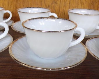 2506 Anchor Hocking Fireking Vintage White Milk Glass Swirl 6 Cups & 6 Saucers