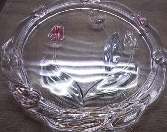 2607 Mikasa Pink & Blue Tivoli Crystal Tulips 14” Vintage Round Glass Raised Platter
