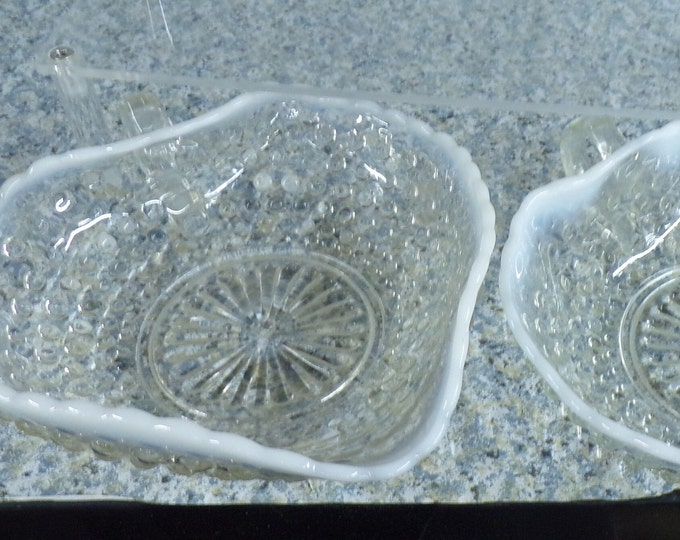 2209 Hobnail Moonstone Pair of 7" x 6.5" Wide Heart Shaped Vintage Candy Dish - No Chips or Cracks
