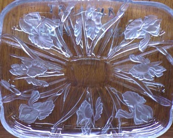 2503 Mikasa Home Beautiful Crystal Passion Flower Iris 14” x 11" Rectangular Serving Platter- Frosted- Good Cond. Light Scratches in Center