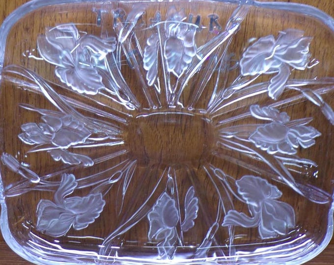 2503 Mikasa Home Beautiful Crystal Passion Flower Iris 14” x 11" Rectangular Serving Platter- Frosted- Good Cond. Light Scratches in Center