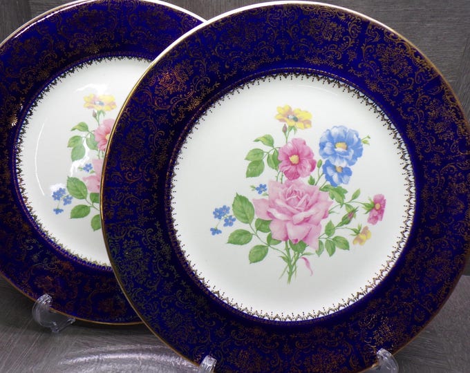 2603 Salem China Set of 2 Aristocrat 10.5" Cobalt Blue Vintage Service Plates 23 Karat Gold Accents Made in USA - Good Cond. Light Scratches