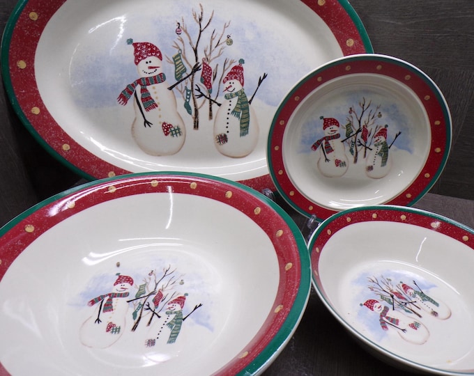 2603 Royal Seasons Vintage Stoneware Snowman Snowflake Christmas Dinnerware - Great Condition