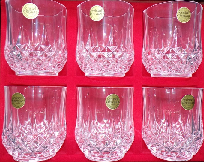 2602 Vintage Cristal D'Arques Paris 6 pc 24% Lead Crystal 3.75" 10 oz LongChamp Tumbler Lowball Whiskey Glass- Great Condition Original Box
