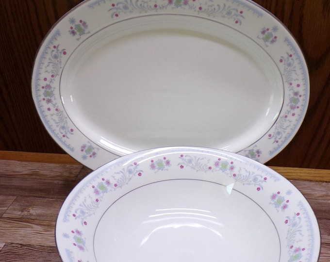 2510 Sango Serenade #8225 Fine China Platinum Rim Floral Pattern 12" x 9" Oval Platter & 9" Round Bowl - Great Condition