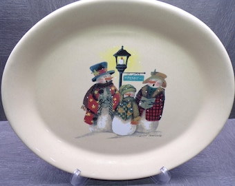2608 Yesteryears Pottery Marshall, TX 11.5" x 9.5" Oval Snowmen Stoneware Platter