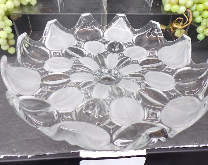 2309 Crystal Clear Industries Moriva Pattern Footed Pedestal 12.5" Cake Plate Platter Clear/ Frosted Panel - Good Cond. Couple Scratches