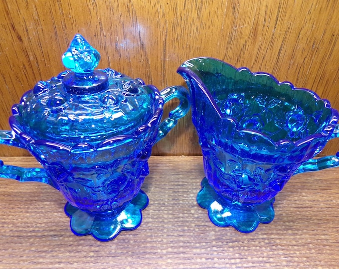2507 Fenton Colonial Blue Cabbage Rose Vintage Footed 4" Cream Pitcher & Sugar Dish w/ Lid - Pre-owned Great Condition