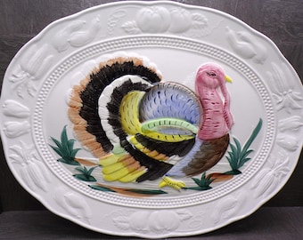 2606 Ceramic 1970's Vintage Embossed Oval Turkey Platter 18" x 14" White Tray w/ Painted Turkey Center