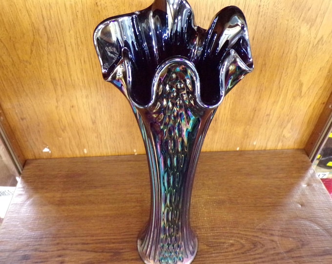 2501 Fenton Vintage Iridescent Amethyst Carnival Glass 15.5" Diamond Point & Ribbed Swung Vase w/Stamp - Great Tones Great Condition