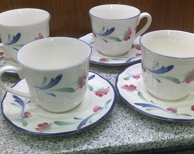 2409 Epoch Collection Pink, Blue, Green Floral 8 pc Set (4) Cups & (4) Saucers Made in Indonesia - Great Condition