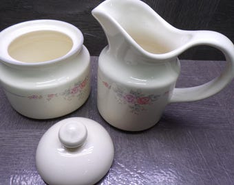2605 Pfaltzgraff Trousseau Pattern 3 pc Set 5" Creamer & Sugar Dish w/ Lid Made in USA