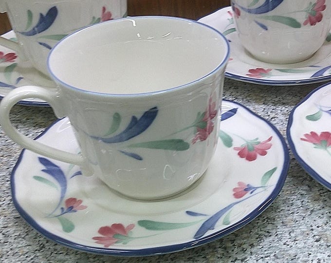 2409 Epoch Collection Pink, Blue, Green Floral 8 pc Set (4) Cups & (4) Saucers Made in Indonesia - Great Condition
