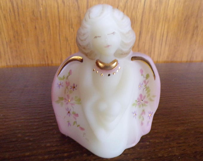 2501 Fenton Glass 4" Hand-Painted Vintage Pink & White Satin Guardian Angel "Sent to Protect You...." - S. Schnuberger - Great Condition