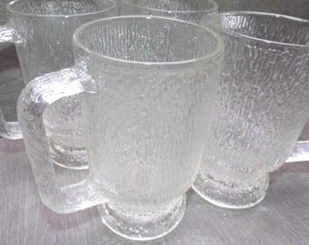 2608 Indiana Glass Crystal Ice Vintage Textured Glass Tree Bark 5.5" 12 oz Footed Mugs Set of 4