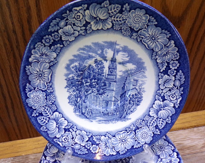 2506 Staffordshire Ironstone Liberty Blue Historic Colonial Scenes Old North Church 5.5" Saucer Bowls Set of 5 Made in England - Great Cond.