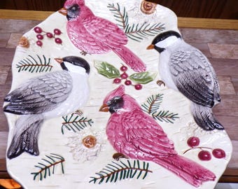 2511 St. Nicholas Square Winter Cardinal & Chickadee 14" x 11" Vintage 1999 Discontinued Serving Platter Tray - Great Condition
