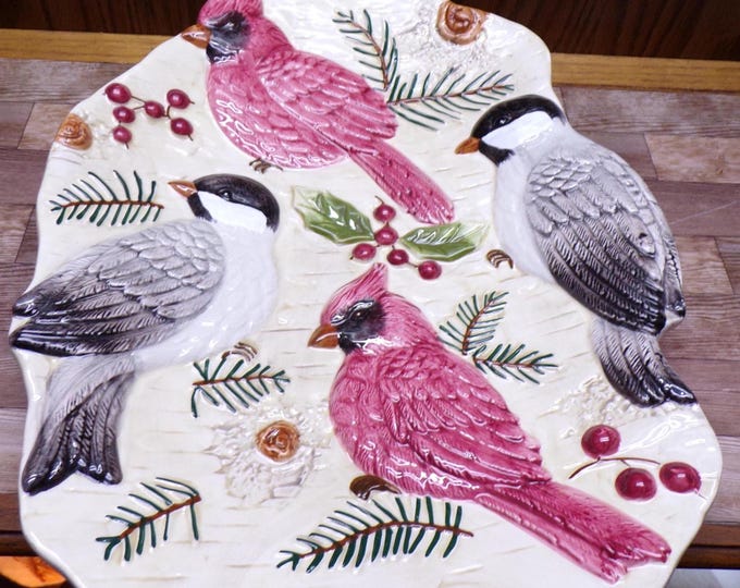 2511 St. Nicholas Square Winter Cardinal & Chickadee 14" x 11" Vintage 1999 Discontinued Serving Platter Tray - Great Condition