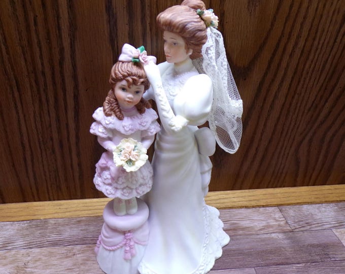 2508 Bride with Flower Girl 8.5" Vintage Wind Up Figurine- San Fransisco Music Box Co "Wind Beneath My Wings" Melody - New in Box