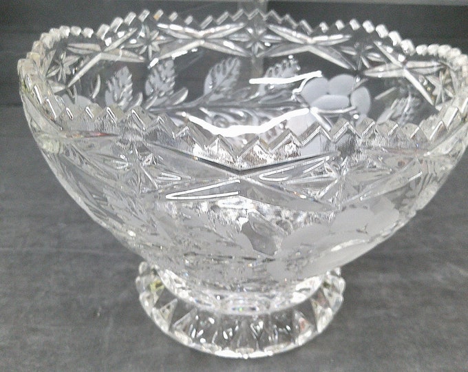 2403 Anna Hutte Vintage Lead Crystal 4.25" Tall x 6.25" Wide Footed Candy Bowl w/ Frosted Roses & Sawtooth Rim - Excellent Condition