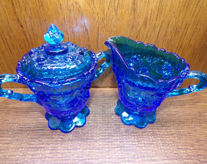 2507 Fenton Colonial Blue Cabbage Rose Vintage Footed 4" Cream Pitcher & Sugar Dish w/ Lid - Pre-owned Great Condition