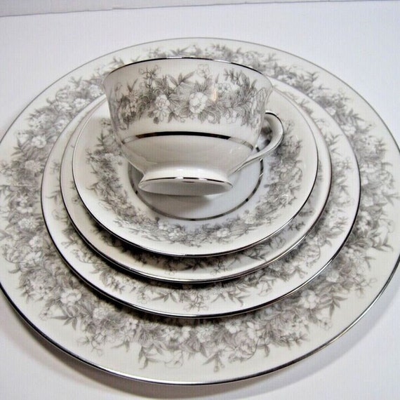2312 Sango China Florentine Vintage Grey Floral & Platinum Rim