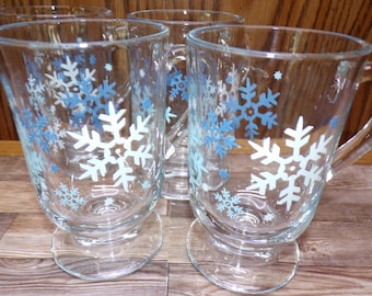 2510 Vintage Libbey Glass Winter Snowflake 5" Footed Coffee Mugs Set of 4