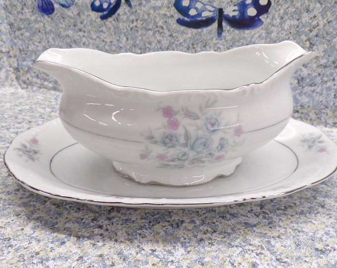 2212 Mikasa Bryn Mawr #9281 Silver, Pink, Blue Floral Silver Rim 9"x6" Small Platter & Gravy Pitcher - Vintage Fine China - Like New