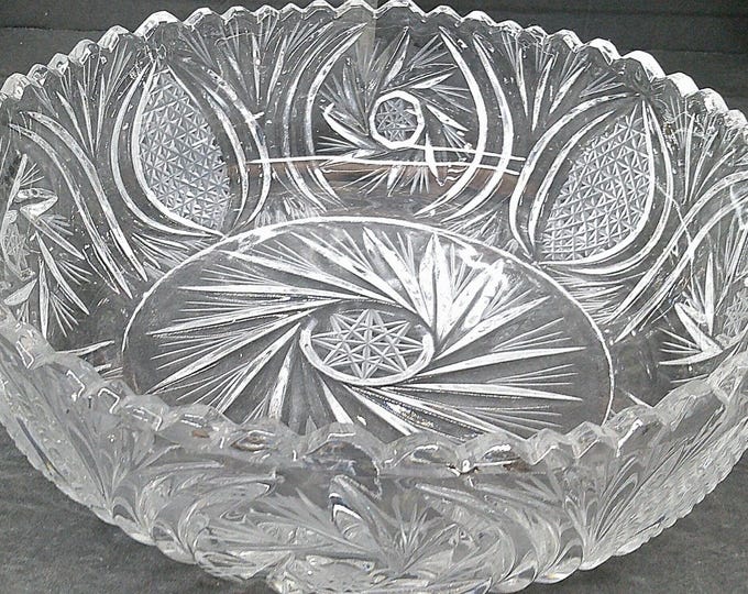 2401 Pinwheel & Star Pattern Vintage Deep Pressed Heavy Glass 9.5" Bowl with SawTooth Edge - Good Condition No Chips or Cracks