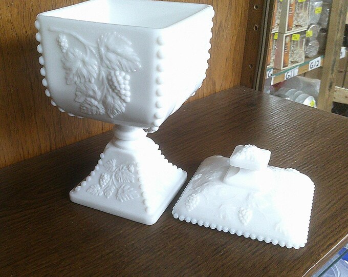 2501 Westmoreland Milk Glass 9" Footed Covered Square Beaded Rim Candy Dish - 4.5" Wide Harvest Grape - Great Condition