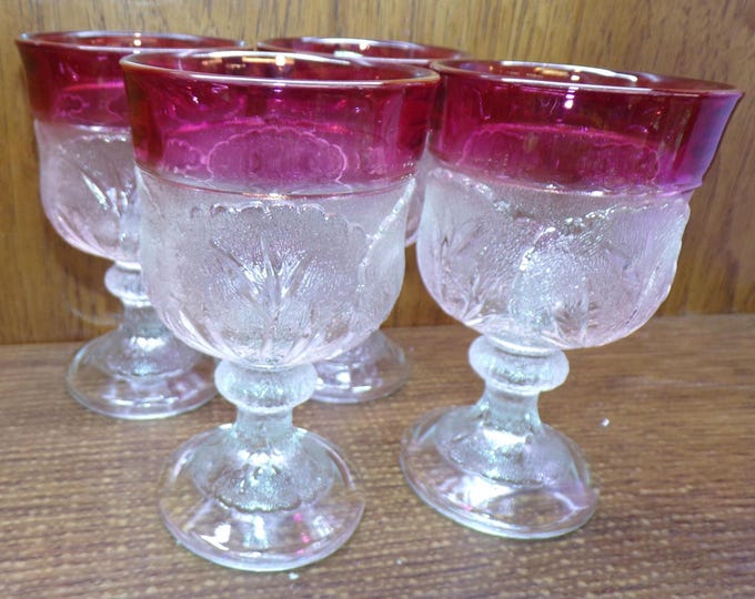 2508 Indiana Glass Pebble Leaf Wine Goblet 5.25" Vintage Twiggy 12 oz Stemmed Goblet with Ruby Flash Rim Set of 4 - Great Condition