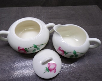 2603 Canonsburg Pottery Bermuda Rose Ironstone Cream & Sugar Set w/Lid - Good Condition Tiny Chip on Sugar Rim
