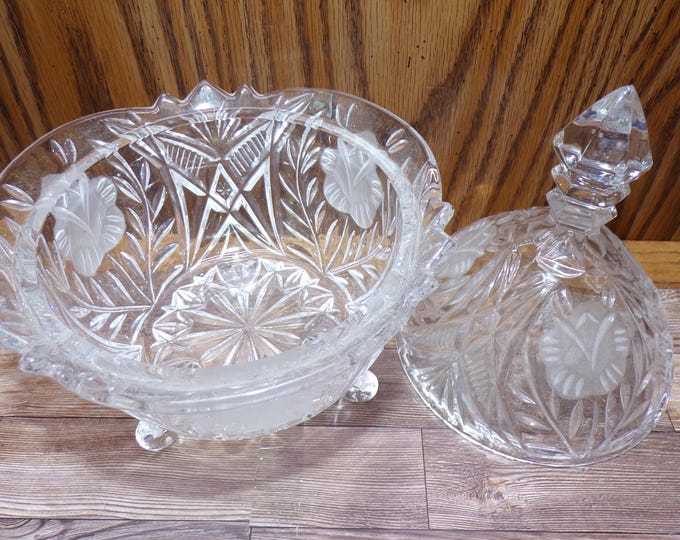 2510 Vintage Lead Crystal Covered Candy Dish 9" Tall x 6" Wide 3 Footed w/ Steeple Lid Frosted Rose - Great Condition