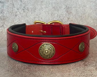 Red padded leather dog collar with conchos, wide 2 in western style dog collar, durable leather collar for medium large dogs